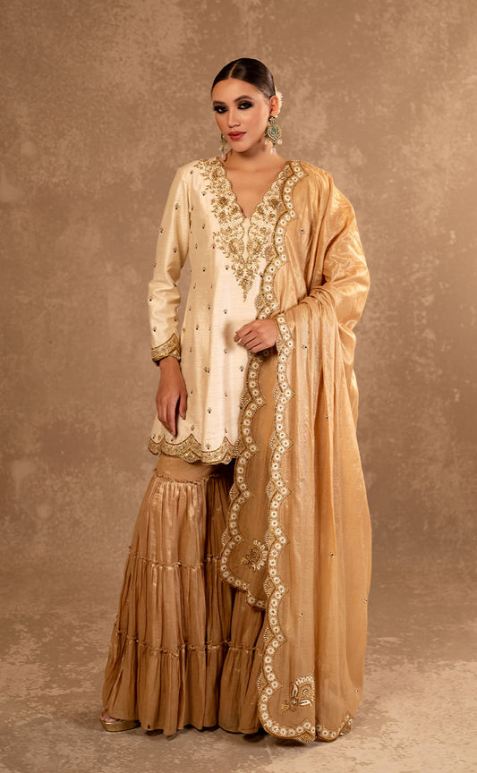 Silk A-Line Kurta Set with Sharara and Dupatta