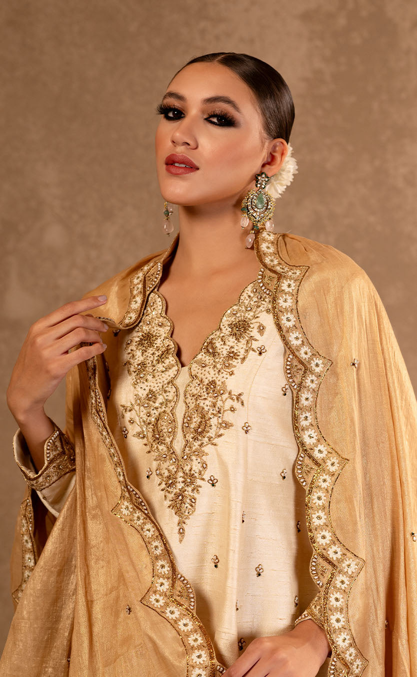 Silk A-Line Kurta Set with Sharara and Dupatta