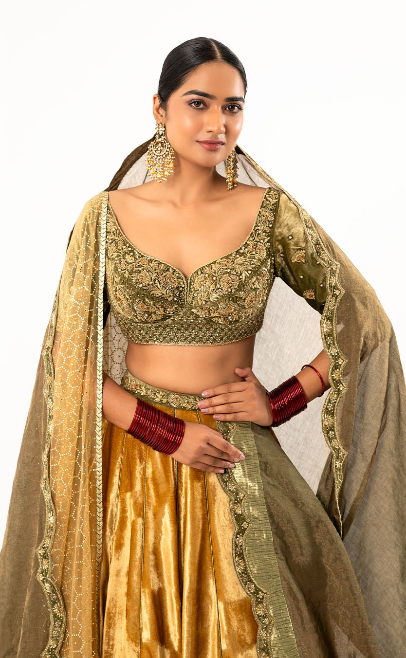 Zardozi Embroidered Velvet Choli & Lehenga Set with Net Shawl