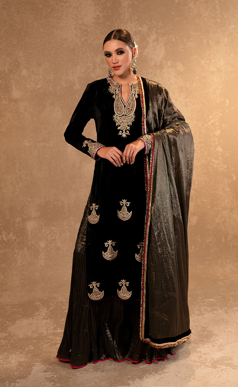 Zardozi Embroidered Velvet Kurta & Crinkled Sharara with Dupatta