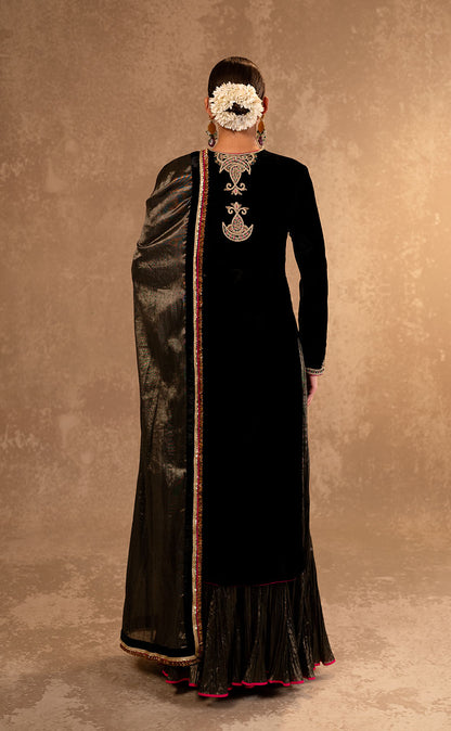 Zardozi Embroidered Velvet Kurta & Crinkled Sharara with Dupatta