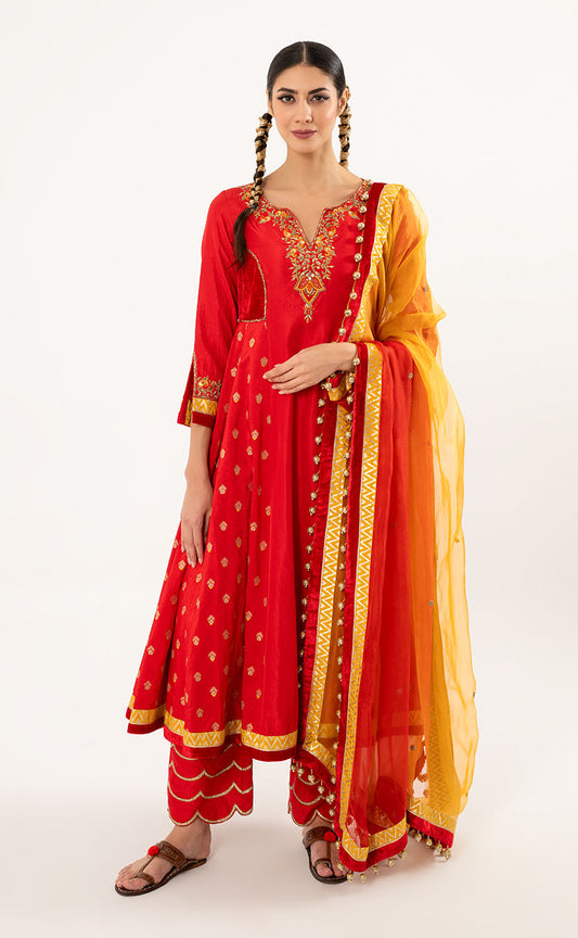 Embroidered Silk Anarkali with Straight Plazzo and Organza Dupatta