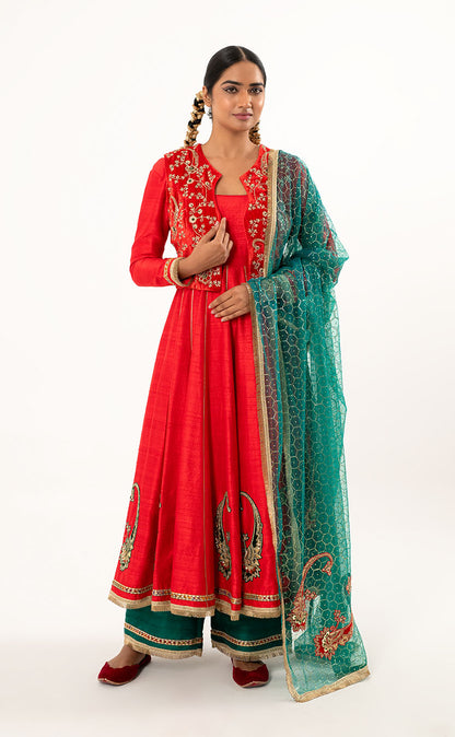 Aari Embroidered Anarkali with Koti, Plazzo & Organza Dupatta