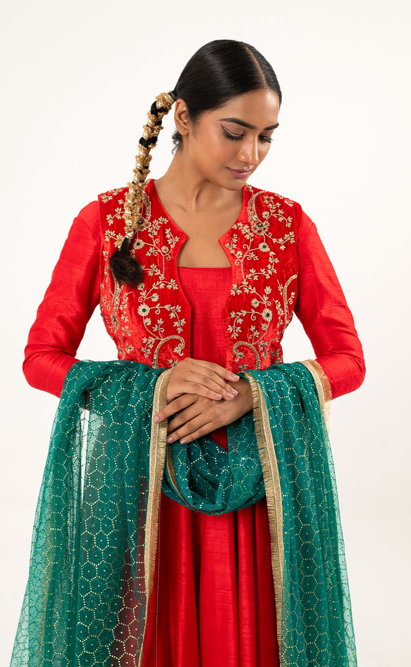 Aari Embroidered Anarkali with Koti, Plazzo & Organza Dupatta