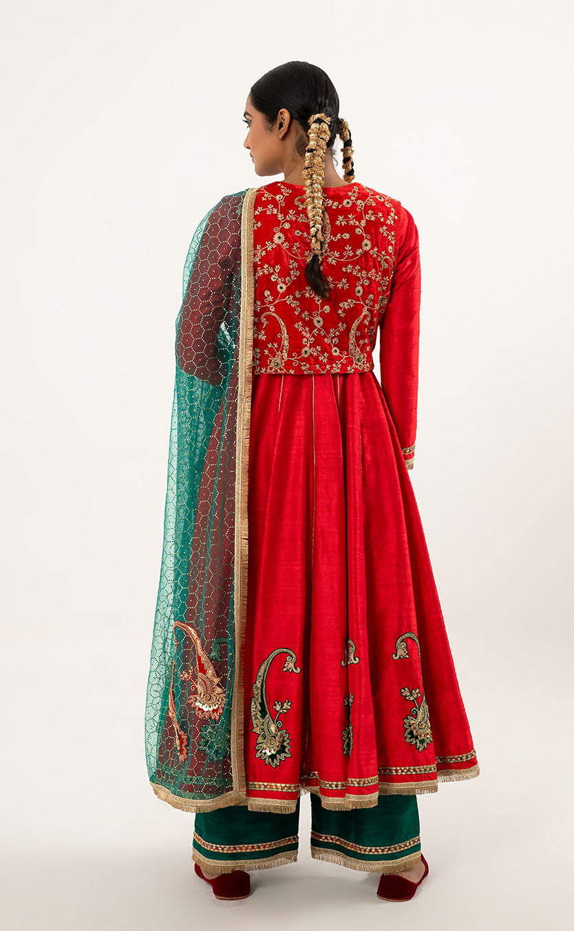 Aari Embroidered Anarkali with Koti, Plazzo & Organza Dupatta