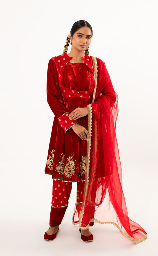 Hand Embroidered Anarkali with Banarsi Koti, Salwar & Organza Dupatta