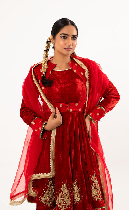 Hand Embroidered Anarkali with Banarsi Koti, Salwar & Organza Dupatta