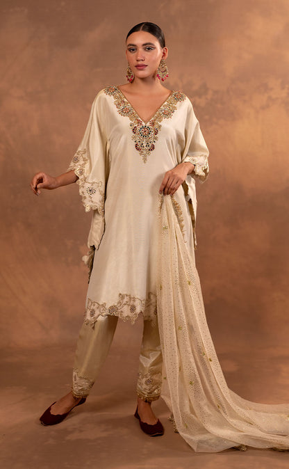 Zardozi Embroidered Tissue Kaftan with Pakistani Salwar and Dupatta