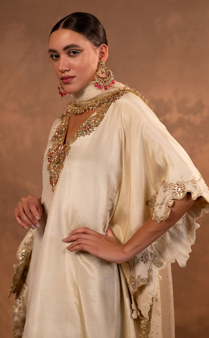 Zardozi Embroidered Tissue Kaftan with Pakistani Salwar and Dupatta