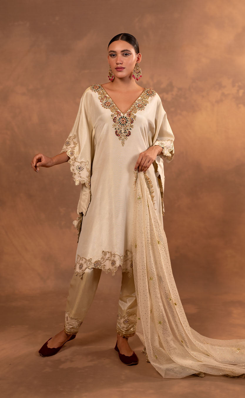 Zardozi Embroidered Tissue Kaftan with Pakistani Salwar and Dupatta