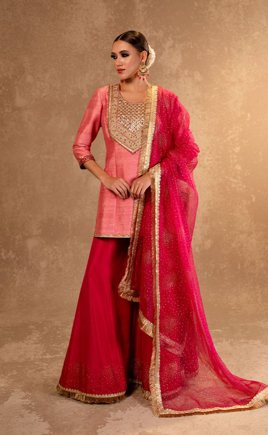 Hand Embroidered Short Kurta & Silk Sharara Set with Organza Dupatta