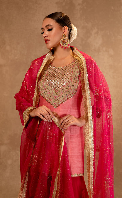 Hand Embroidered Short Kurta & Silk Sharara Set with Organza Dupatta