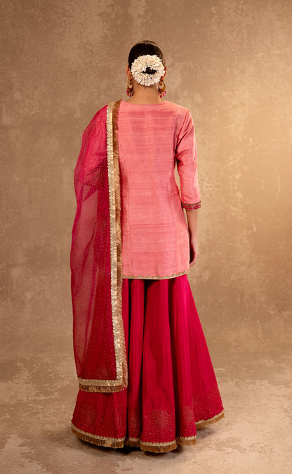 Hand Embroidered Short Kurta & Silk Sharara Set with Organza Dupatta