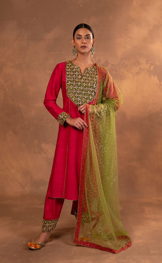 Gotta Work Long Kurta & Pakistani Silk Salwar with Net Dupatta