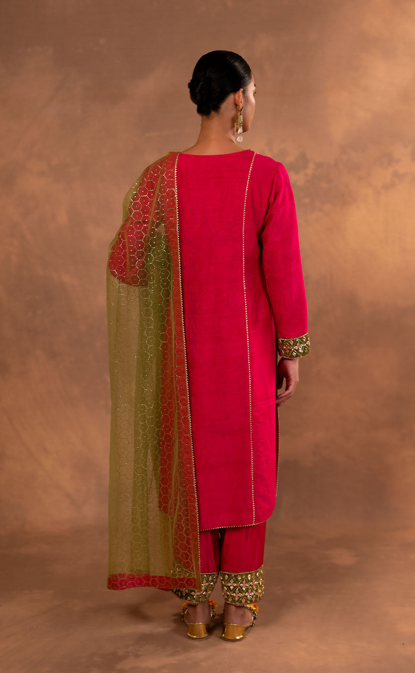 Gotta Work Long Kurta & Pakistani Silk Salwar with Net Dupatta