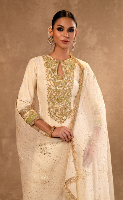 Velvet Kurta with Sharara and Organza Dupatta with Zardozi Work