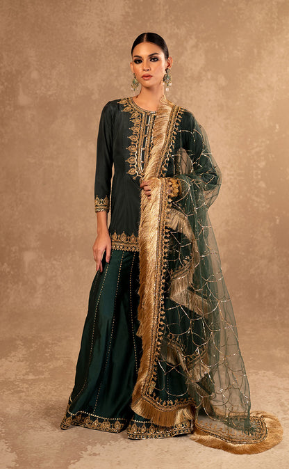 Hand Embroidered Silk Kurta & Sharara Set with Net Dupatta