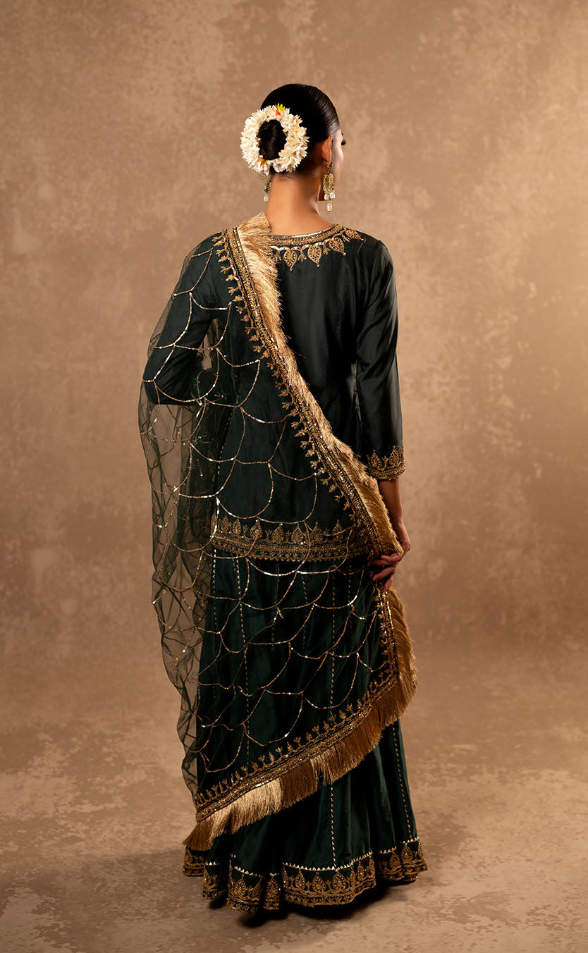 Hand Embroidered Silk Kurta & Sharara Set with Net Dupatta