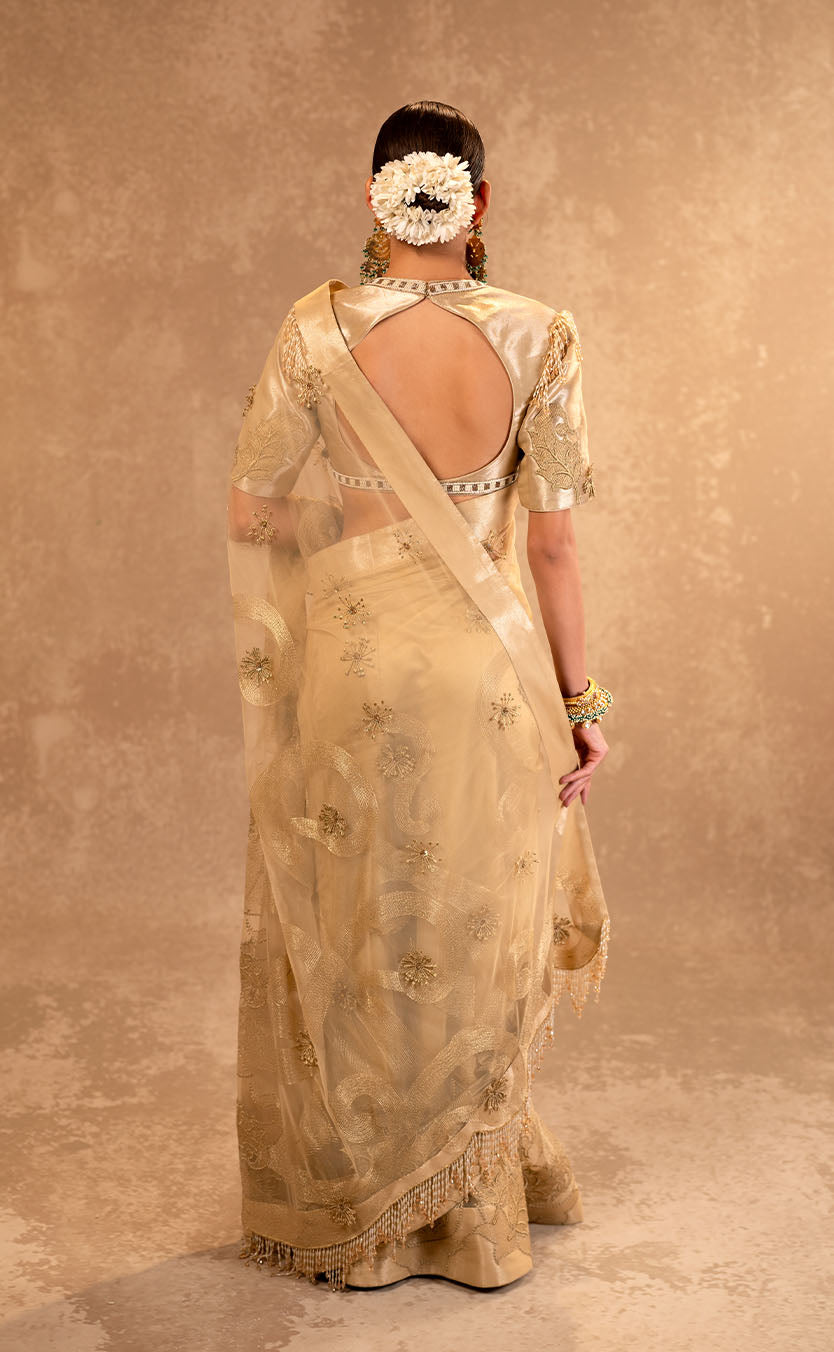 3D Embroidered Net Drape Saree with Gold Tissue Blouse