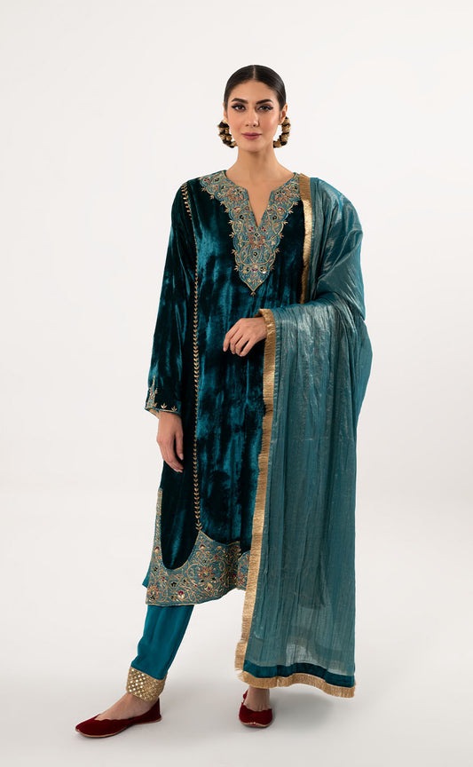 Zardozi Embroidered Velvet A Line Kurta with Crepe Salwar & Dupatta