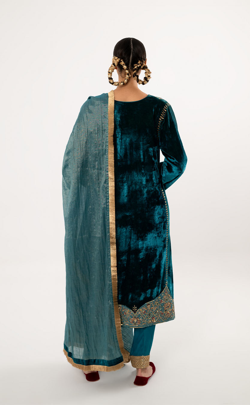 Zardozi Embroidered Velvet A Line Kurta with Crepe Salwar & Dupatta