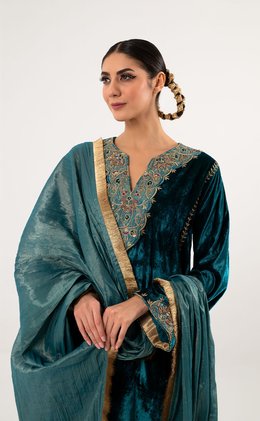 Zardozi Embroidered Velvet A Line Kurta with Crepe Salwar & Dupatta