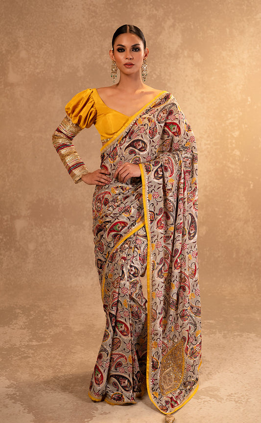 Zardozi Work Drape Saree & Yellow Silk Blouse with Potli Bag