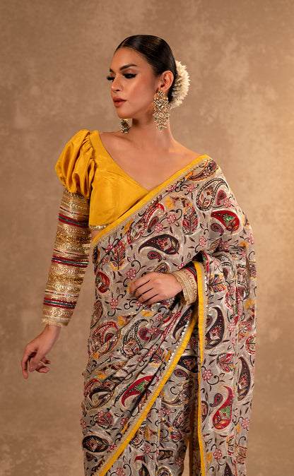 Zardozi Work Drape Saree & Yellow Silk Blouse with Potli Bag