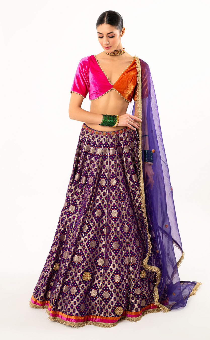 Pearl Embroidered Choli & Lehenga Set with Organza Dupatta