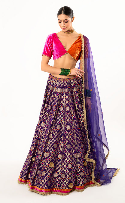 Pearl Embroidered Choli & Lehenga Set with Organza Dupatta