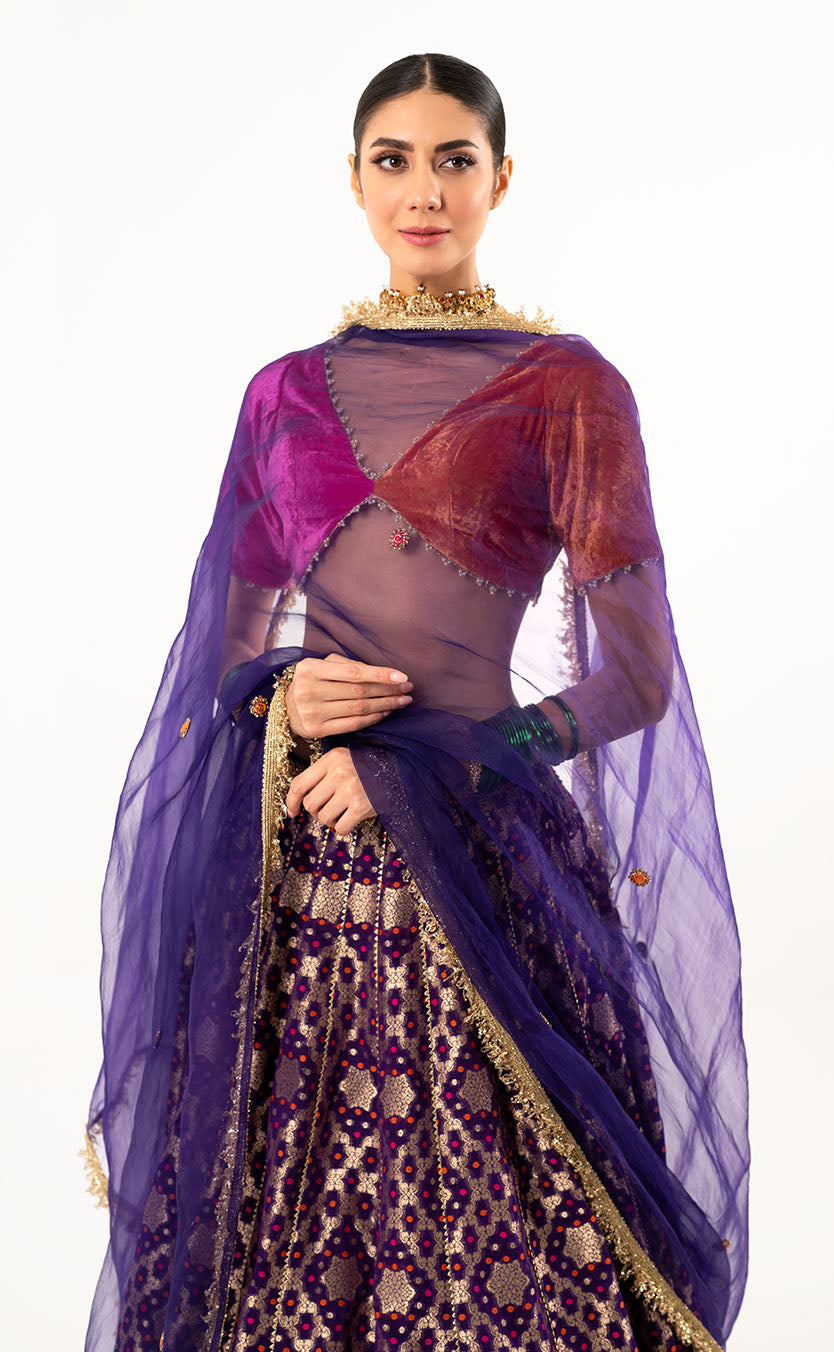 Pearl Embroidered Choli & Lehenga Set with Organza Dupatta