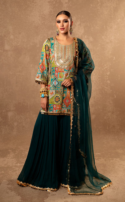 Aari Embroidered Short Kurta & Georgette Sharara with Organza Dupatta