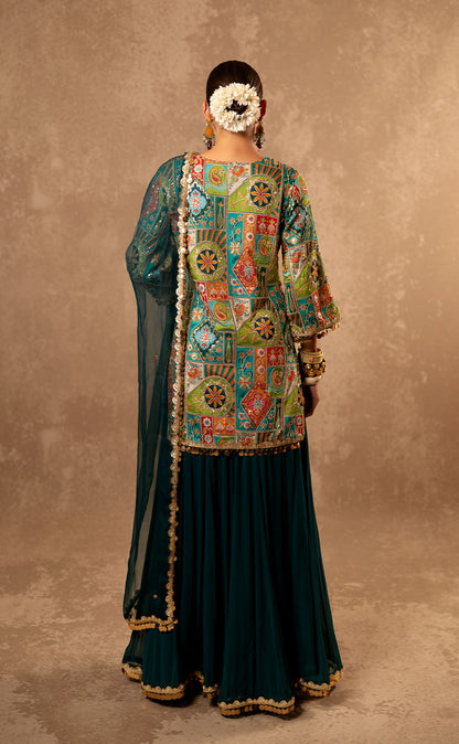 Aari Embroidered Short Kurta & Georgette Sharara with Organza Dupatta