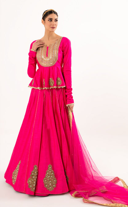 Pearl Embroidered Silk Peplum & Lehenga Set with Net Dupatta