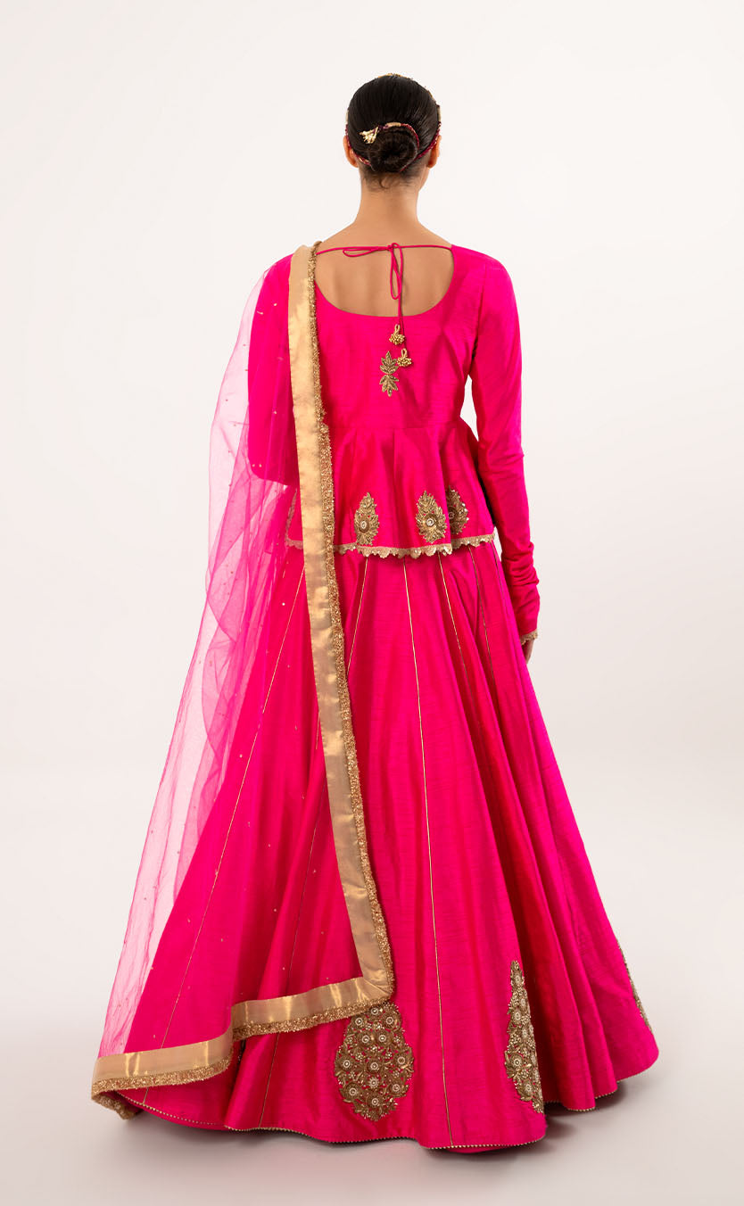 Pearl Embroidered Silk Peplum & Lehenga Set with Net Dupatta