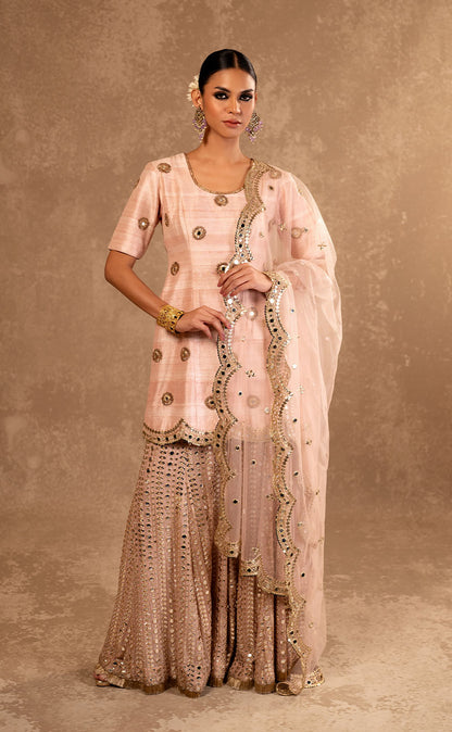 Hand Embroidered Silk Kurta with Sharara & Net Dupatta