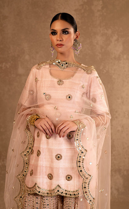 Hand Embroidered Silk Kurta with Sharara & Net Dupatta