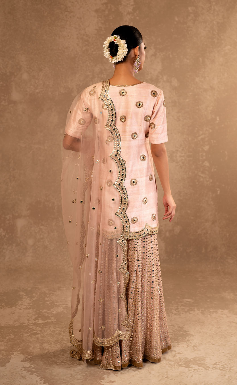 Hand Embroidered Silk Kurta with Sharara & Net Dupatta