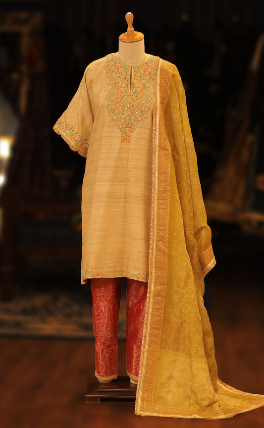 Hand Embroidered Kaftan Cut Kurta Set with Brocade Pakistani Salwar