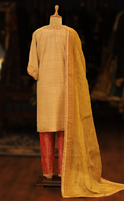 Hand Embroidered Kaftan Cut Kurta Set with Brocade Pakistani Salwar