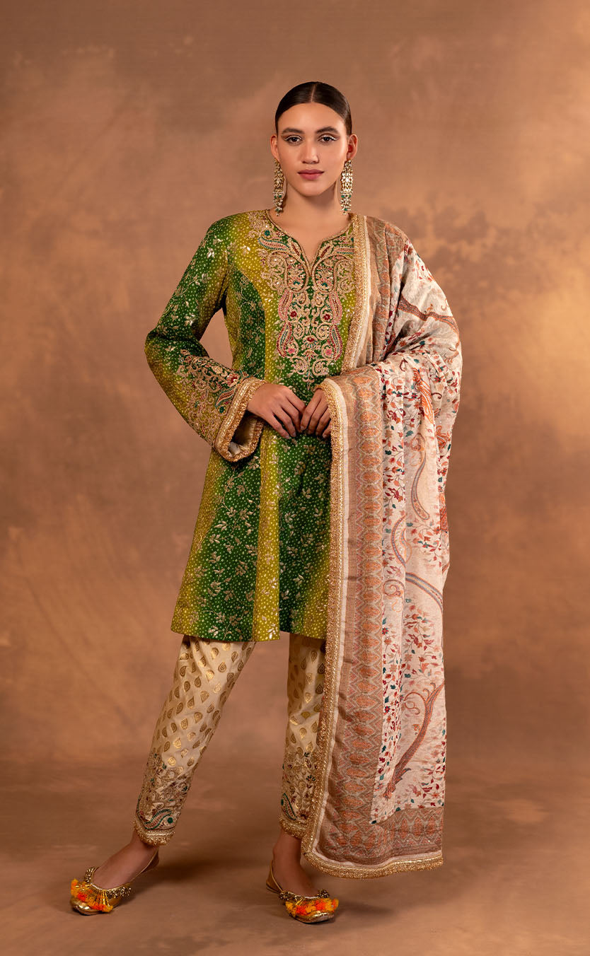 Princess Cut Bandhani Kurta Set with Brocade Pakistani Salwar and Dupatta