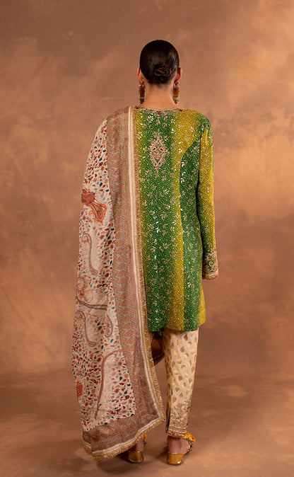 Princess Cut Bandhani Kurta Set with Brocade Pakistani Salwar and Dupatta