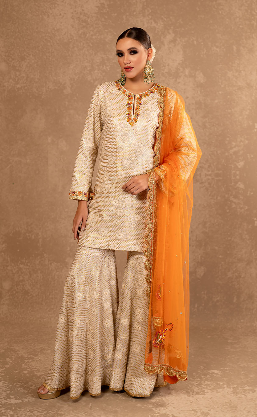 Gold Embroidered Kurta and Garara Set with Dupatta