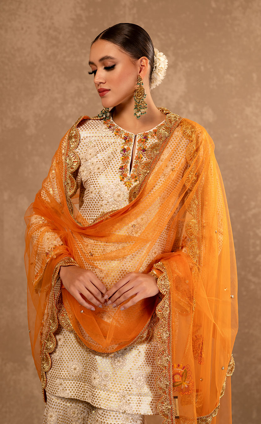 Gold Embroidered Kurta and Garara Set with Dupatta