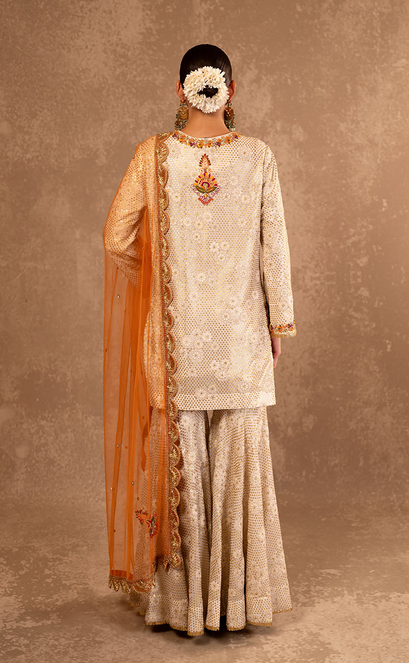 Gold Embroidered Kurta and Garara Set with Dupatta