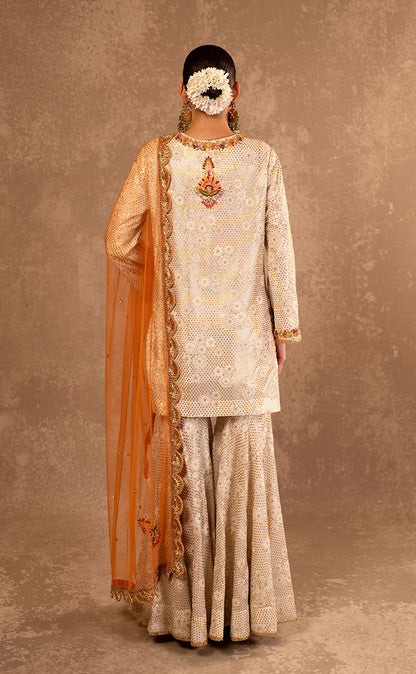 Gold Embroidered Kurta and Garara Set with Dupatta