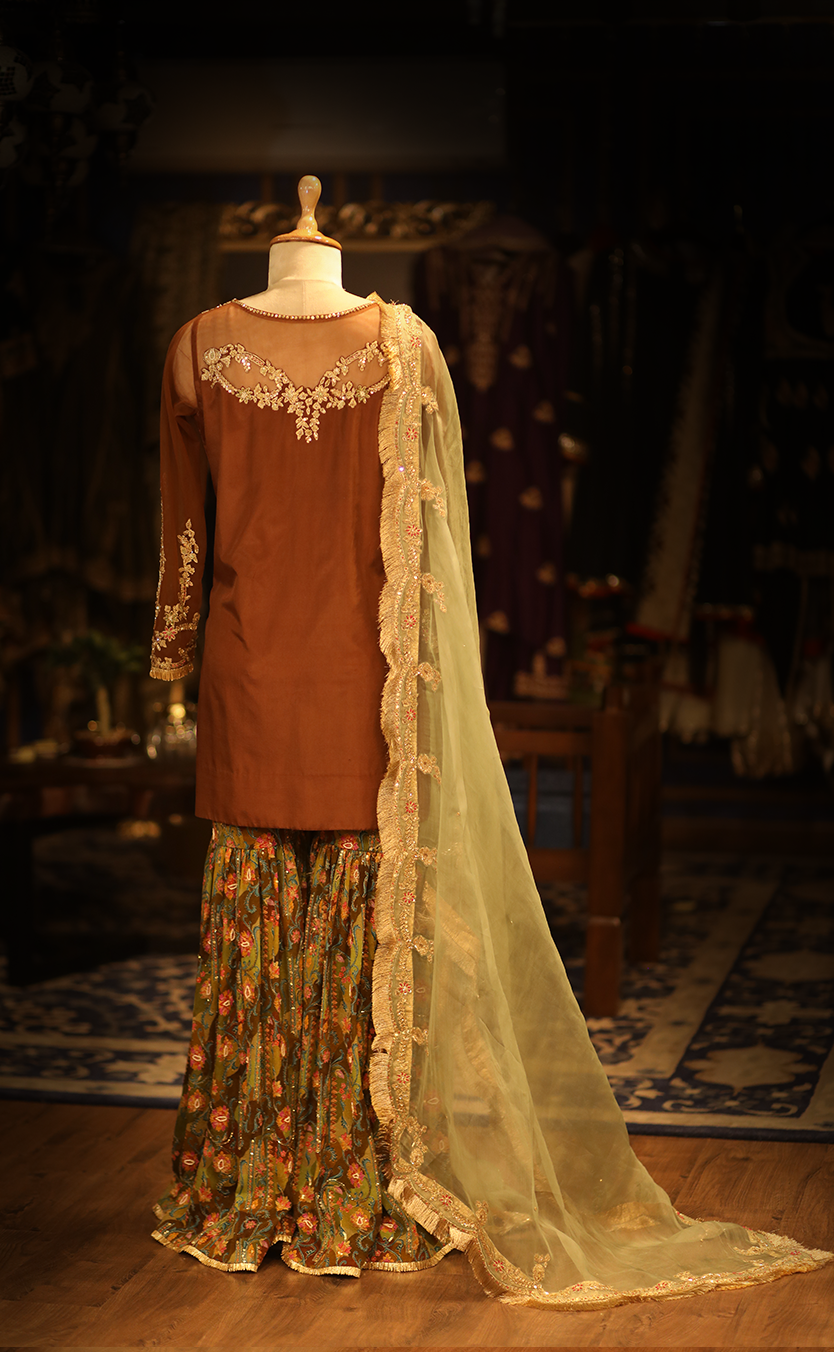 Embroidered Kurta and Printed Garara with Hand Embroidered Dupatta