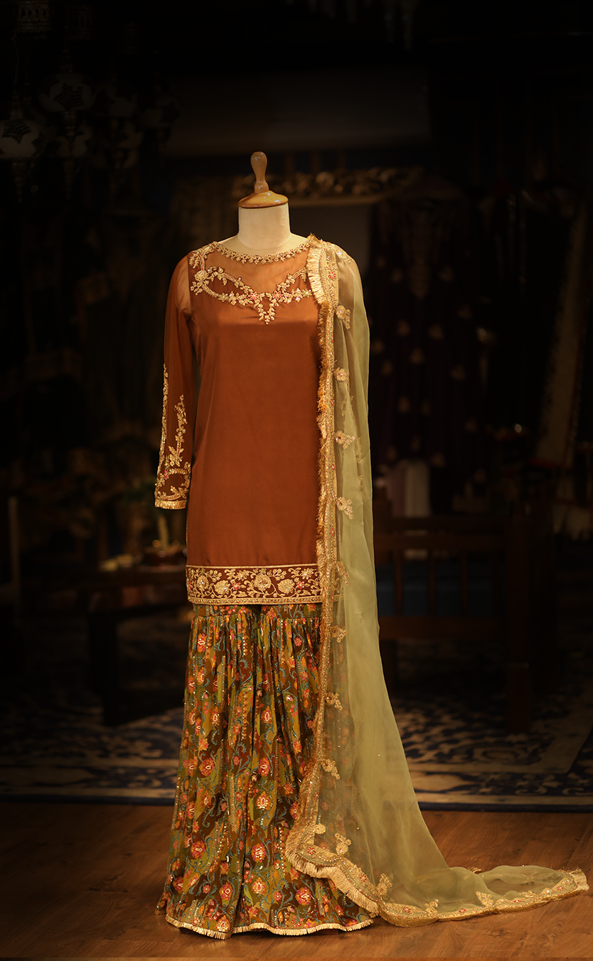 Embroidered Kurta and Printed Garara with Hand Embroidered Dupatta