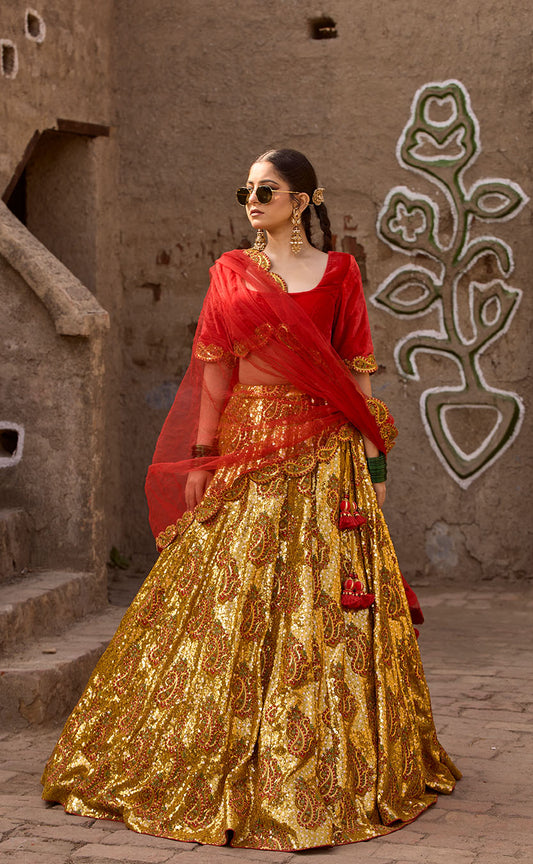 Velvet Lehenga Choli Set with Sequin Embellished Dupatta