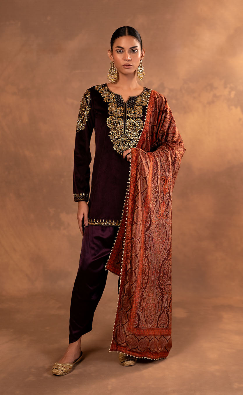 Short Velvet Kurta & Dhoti Salwar with Velvet Printed Shawl